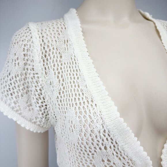 VINTAGE Crochet Cropped Boho Flowy Open Front Cardigan Bolero White Casa Donna S - Picture 4 of 7